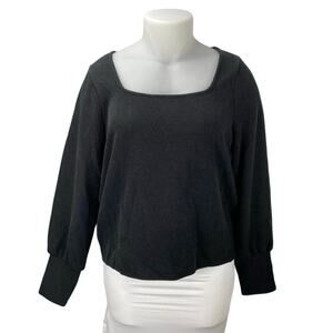Madewell Womens Black Ribbed Square Neck Long Puff Sleeve Sweater Blouse Top XXL